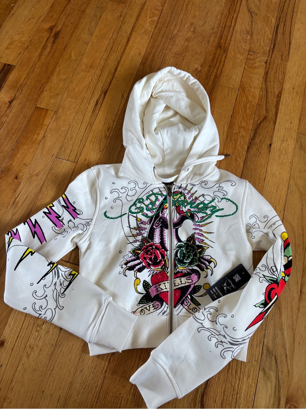 Bedazzled Ed Hardy Ivory Hoodie with Pink, Yellow and Green Tattoo Art